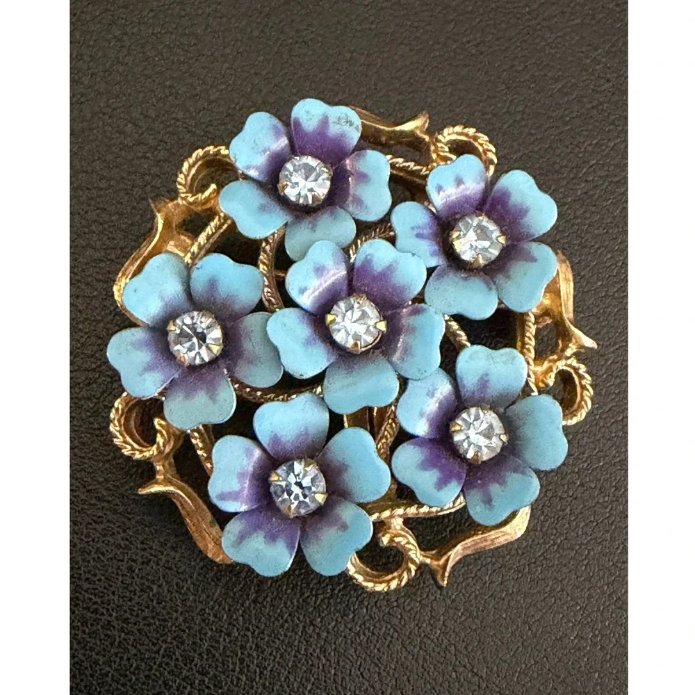 Vintage Avon Brooch Enamel Flower Blue Purple Rhinestone